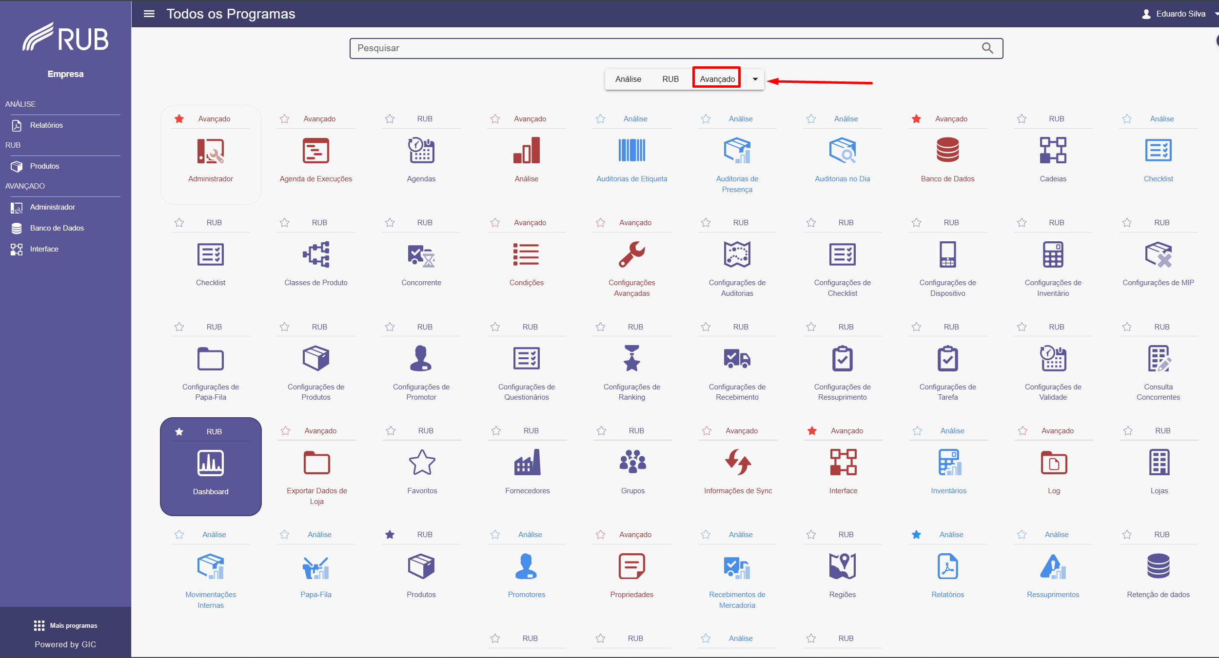 Tela de programas do RUB com filtro Avancado