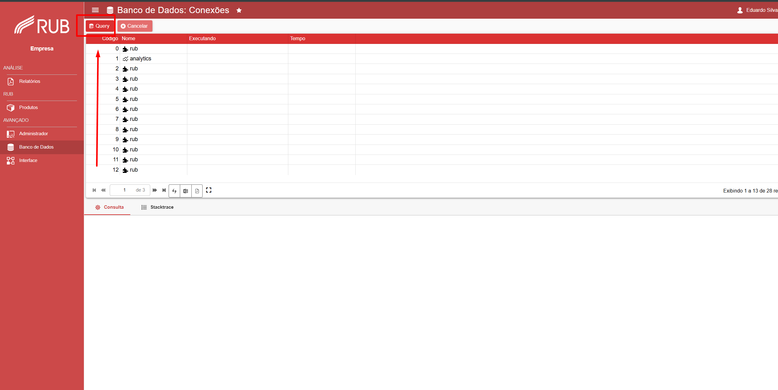 Tela Banco de Dados com botao Query