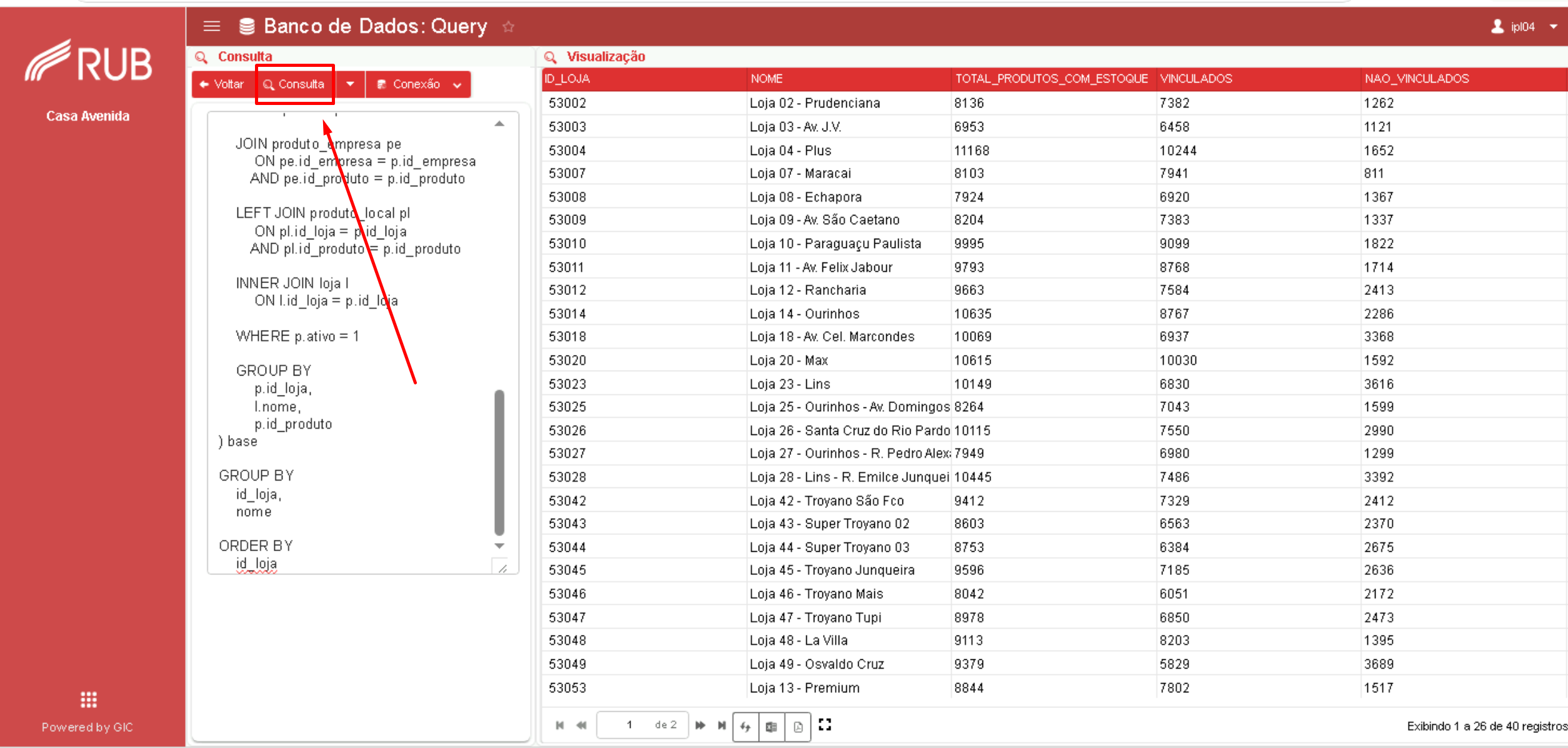 Resultado da query no RUB
